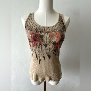 Almost Famous Feather Sequin Tank Top - Beige & Red Y2k Bohemian 100% cotton